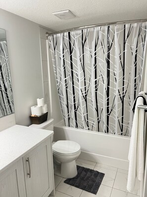 Secadora de cabello, toallas, jabón, papel de baño 