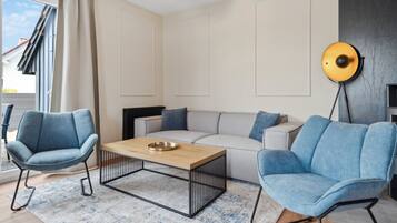 Smart TV, fireplace, books