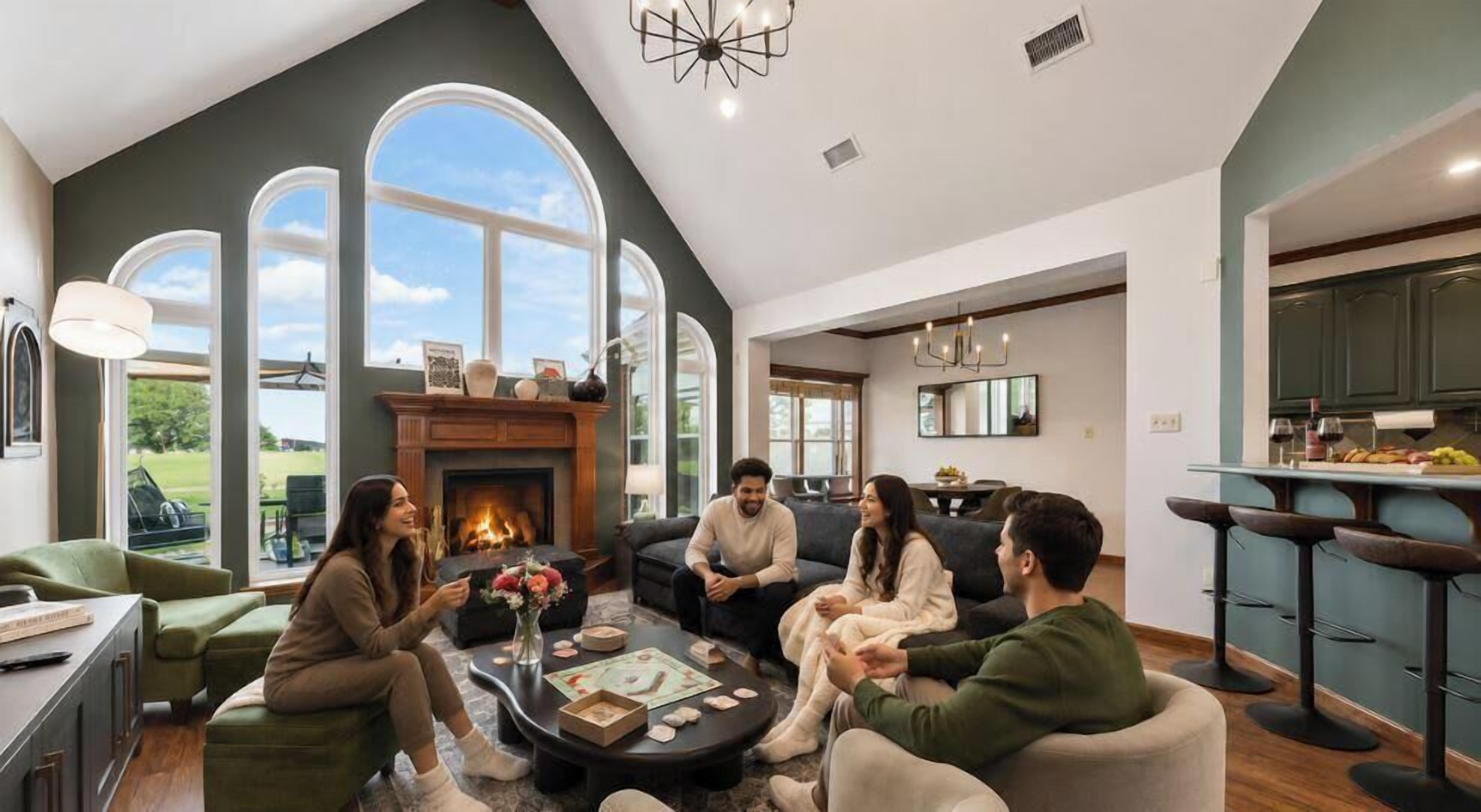 A spacious living room with a fireplace, large windows, and a kitchen area visible in the background.