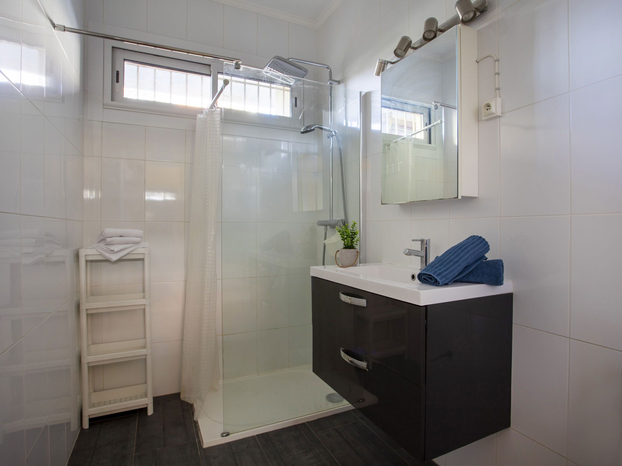 Een moderne badkamer met een douchecabine van glas, een wit wastafelmeubel met een donkere kast, en een kleine potplant op de wastafel.