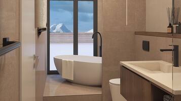 Luxury Suite, Mountain View | Bathroom | Separate tub and shower, hair dryer, towels, soap