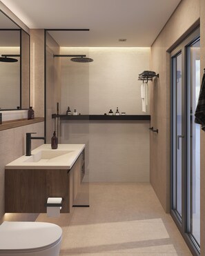 Studio Suite Cao cấp, quang cảnh núi | Phòng tắm | Bồn tắm và buồng tắm vòi sen riêng, máy sấy tóc, khăn tắm, xà phòng 