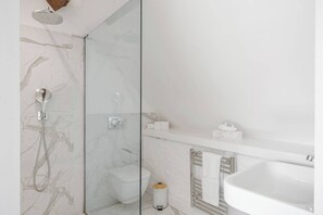 Ducha, secador de pelo, toallas, shampoo