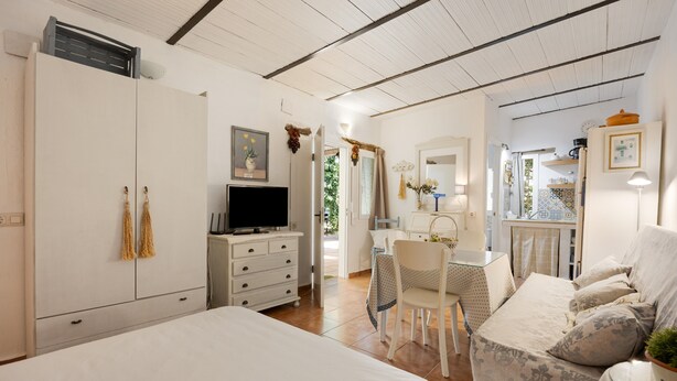 Un dormitorio con cama, televisor, escritorio y silla.