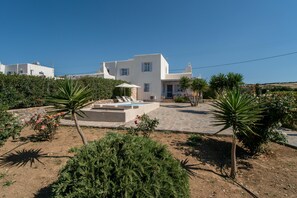 Una villa bianca con piscina, immersa nel verde e circondata da palme.