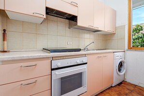Fridge, microwave, coffee/tea maker, cookware/dishes/utensils