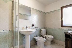 Shower, hair dryer, bidet, towels