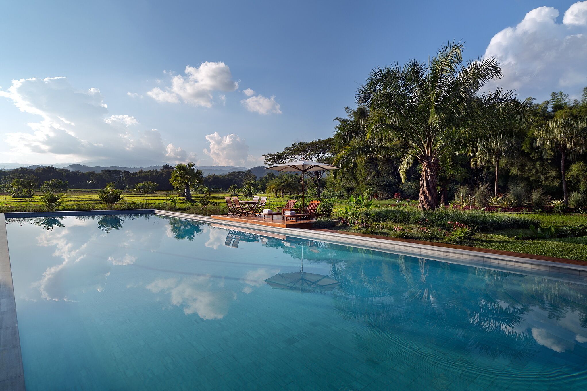 Kolam renang outdoor, dengan payung kolam renang dan kursi berjemur