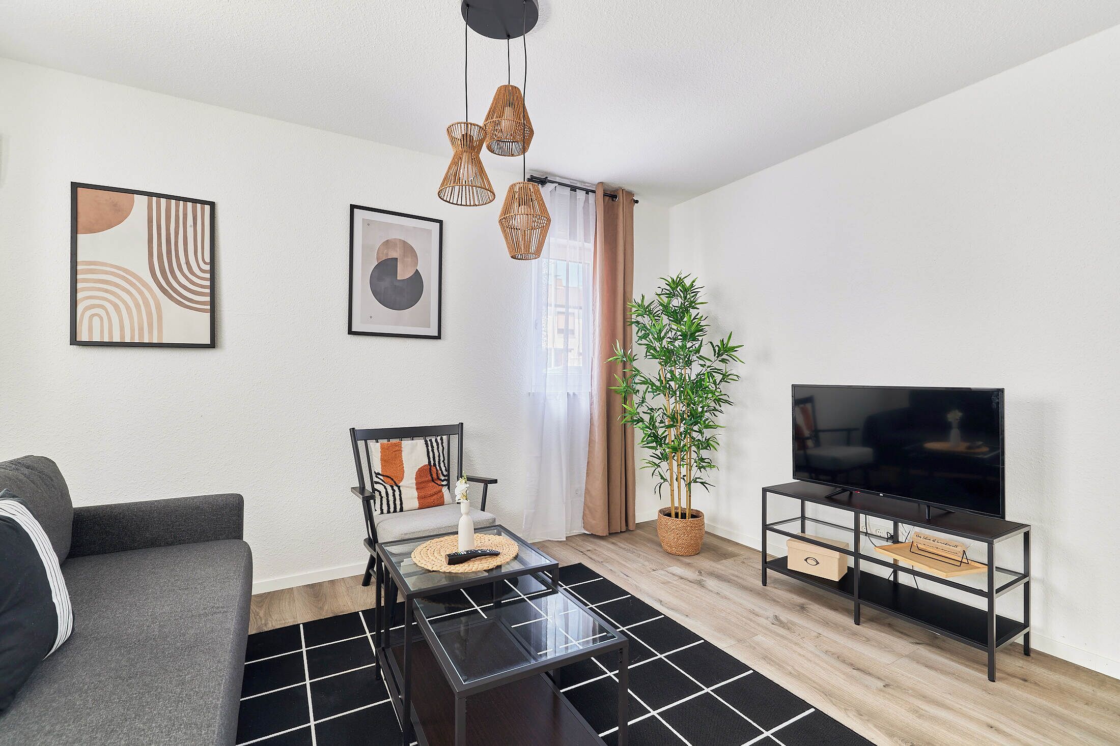 Un salon moderne avec un canapé, une table basse, un téléviseur posé sur un meuble et une plante en pot.