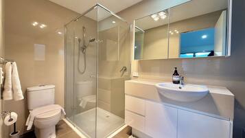 Shower, hair dryer, towels, soap