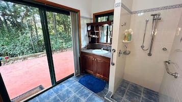 Eco-friendly toiletries, hair dryer, towels