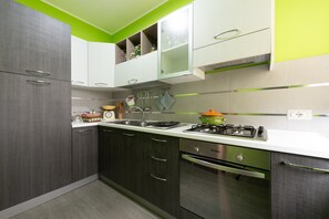 Fridge, oven, stovetop, electric kettle