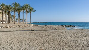 Una spiaggia con palme, un molo roccioso e un cielo blu limpido.