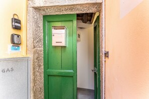 Eine grüne Tür mit Briefkasten, Tastatur und Gaszähler.