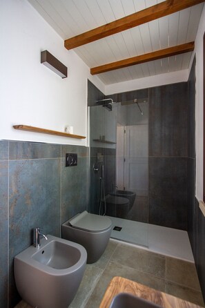 A modern bathroom with a bidet, a shower, and a toilet. - Agritourism Estate in Adriano (ANDRANO)