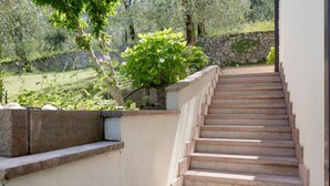 A stone staircase leading to a building with a stone wall and greenery around.