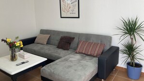 Un canapé gris avec deux coussins, une table basse blanche avec une télécommande, un vase avec des fleurs et un tableau encadré accroché au mur.