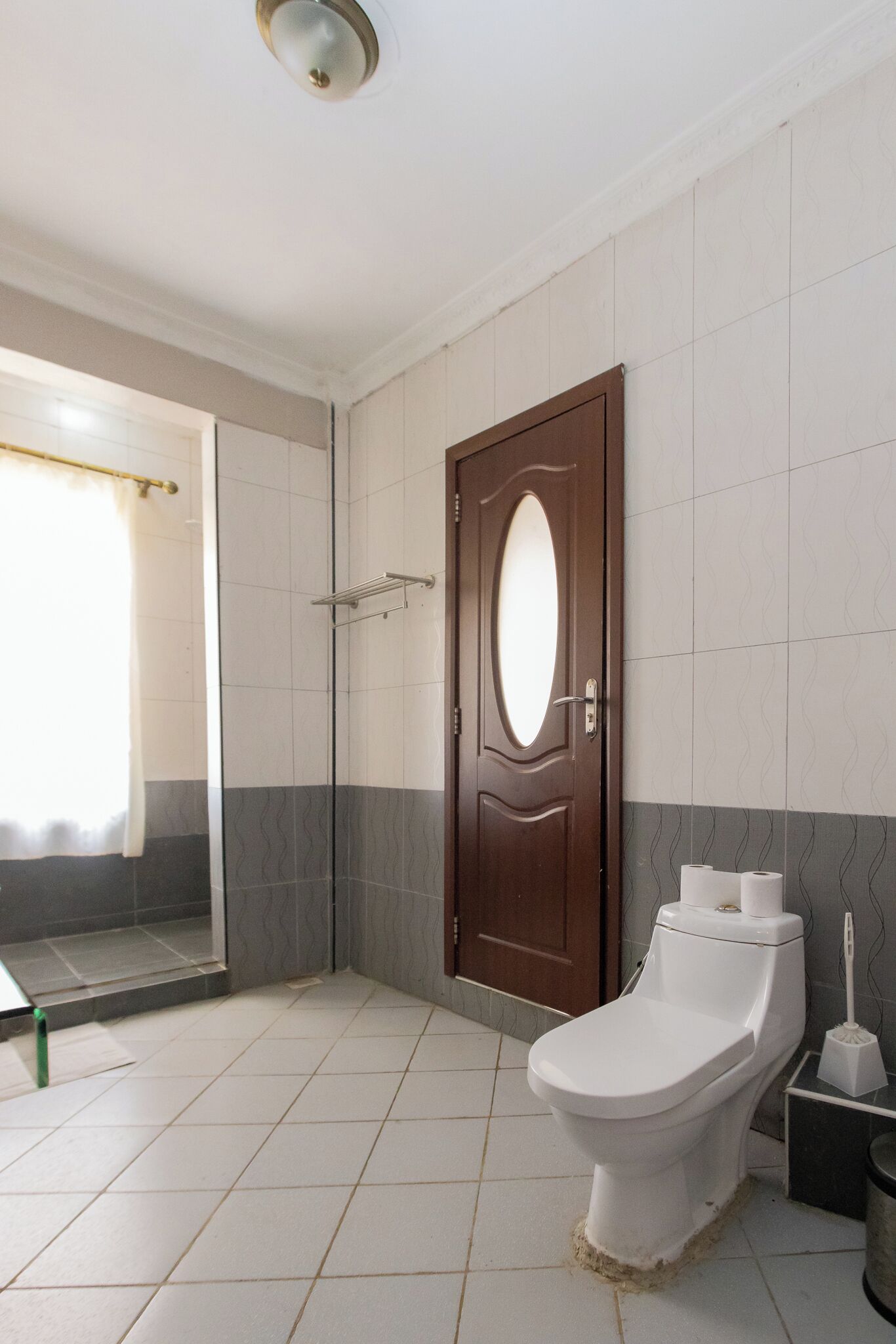 A bathroom with a toilet, a shower, and a door.