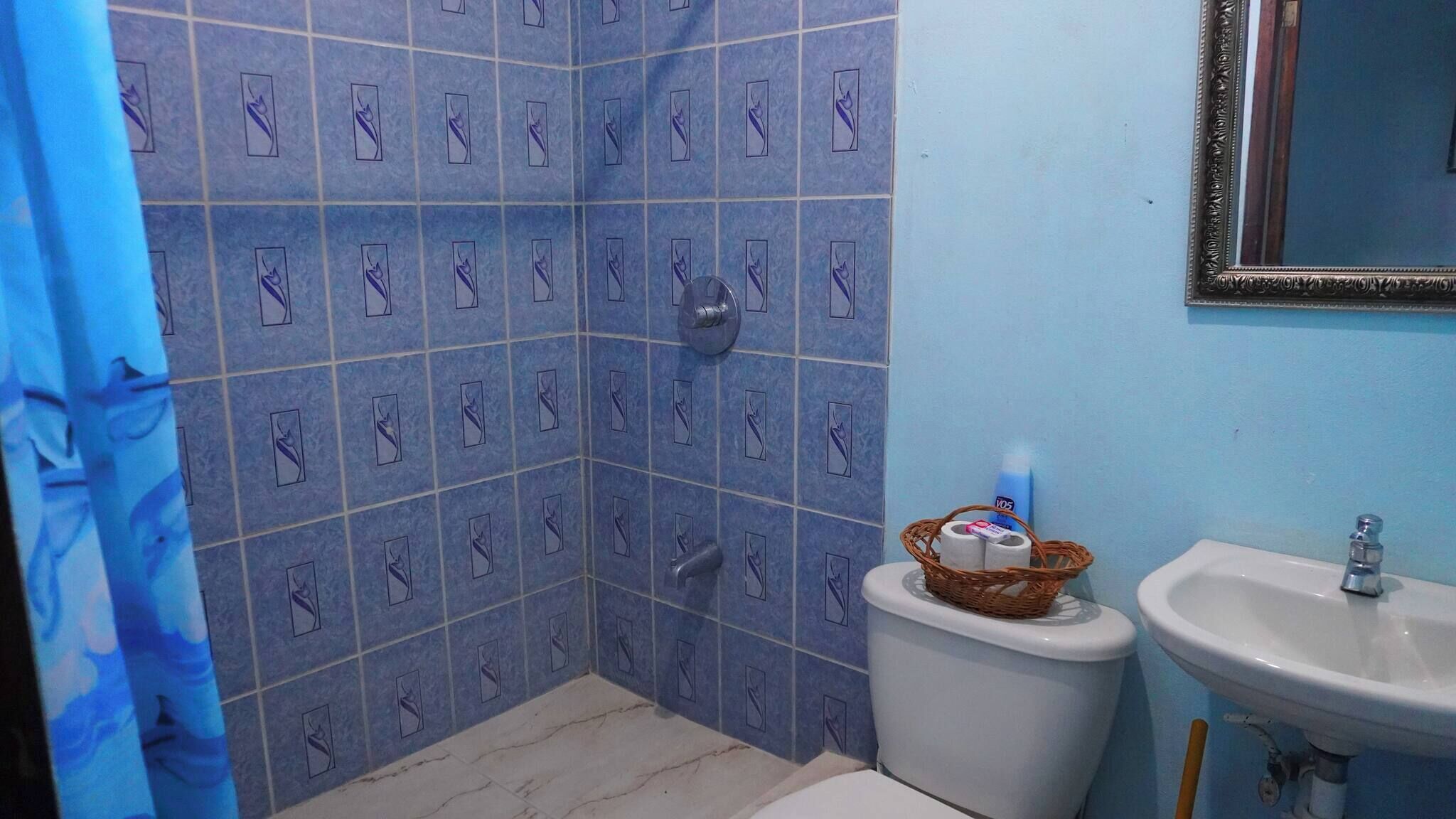 Ein Badezimmer mit blauen Fliesen, einer weißen Toilette, einem weißen Waschbecken und einem Spiegel an der Wand.