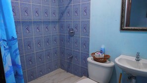 A bathroom with blue patterned tiles, a white toilet, a white sink, and a mirror on the wall.