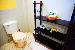 A small bathroom with a toilet, a shelf with toiletries, and a hairdryer.