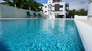 Une piscine à l’eau d’un bleu cristallin, entourée d’un mur blanc et de chaises vertes.