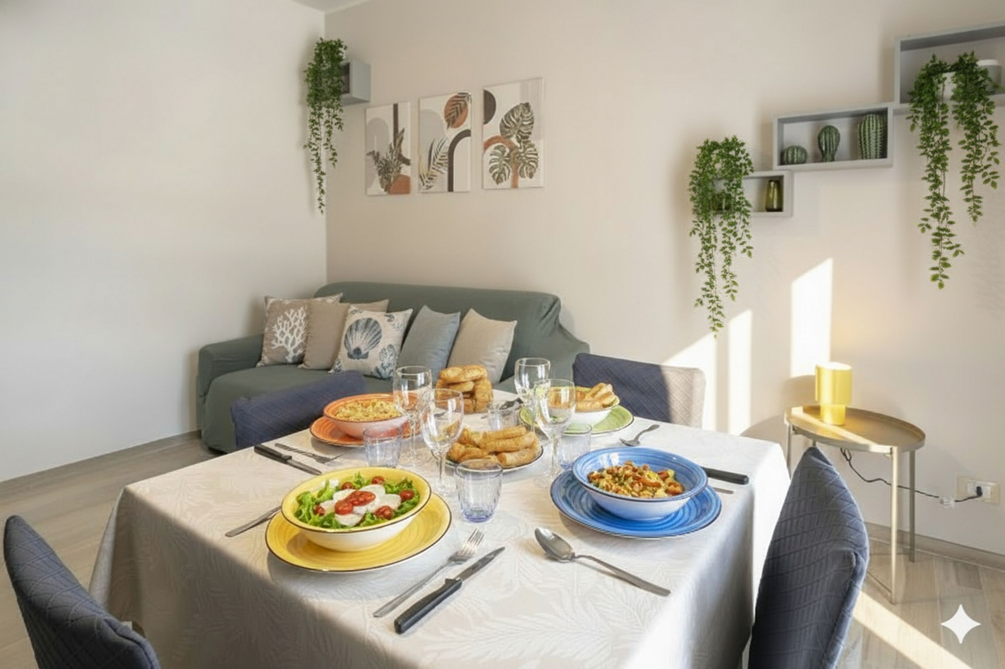 A dining area with a table set for a meal, a sofa in the background, and wall-mounted planters.