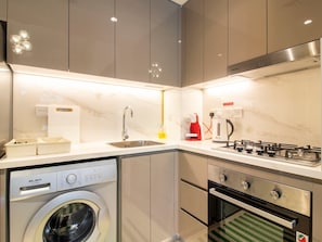 Kühlschrank, Ofen, Herdplatte, Kochgeschirr/Geschirr/Besteck