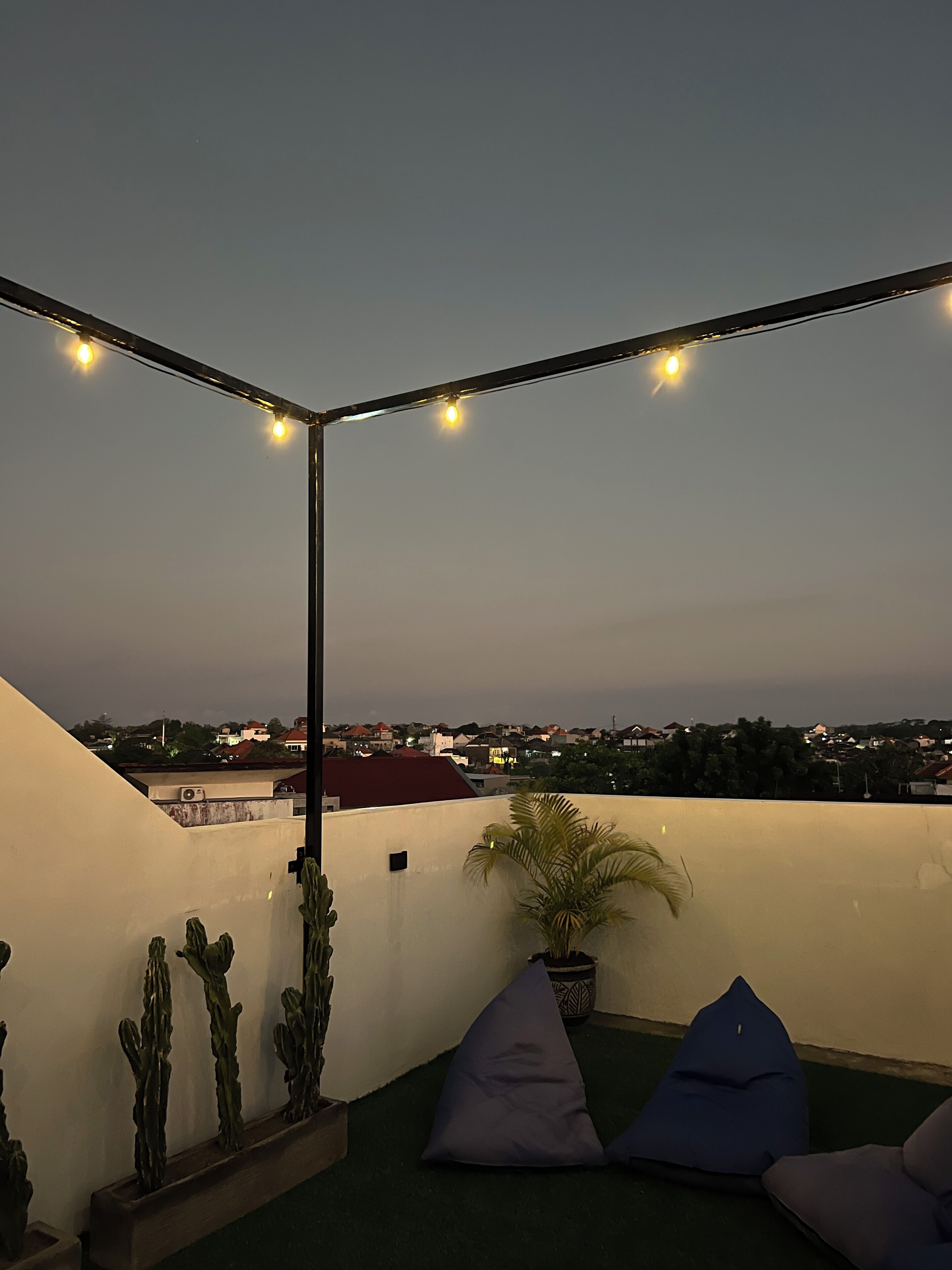 A rooftop terrace with string lights, a cactus plant, and bean bags.