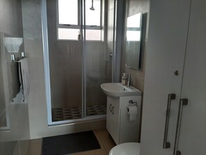 Douche, sèche-cheveux, serviettes fournies, savon