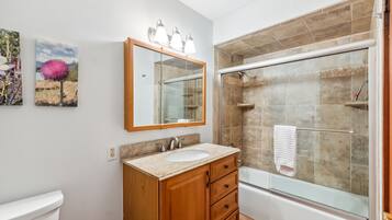 Chuveiro, secador de cabelo, toalhas de banho