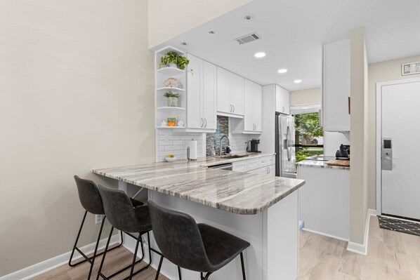 Fridge, microwave, dishwasher, coffee/tea maker