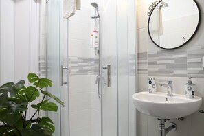 Shower, hair dryer, bidet, towels