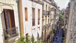 A narrow street with buildings on either side, a statue on the balcony, and potted plants. - Stay U-nique Apartments Monec (Barcelona)