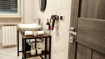 Shower, hair dryer, bidet, towels