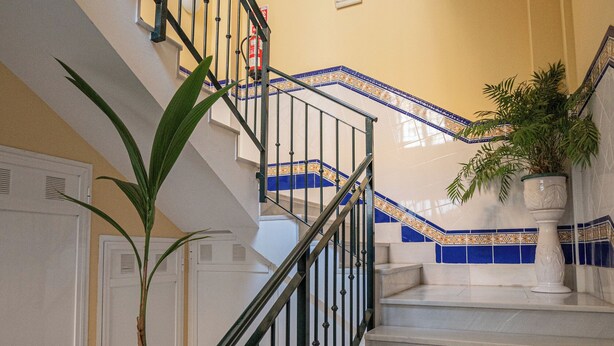 Eine Treppe mit schwarzer Geländer, weißen Wänden und einem Blumentopf auf der Plattform.