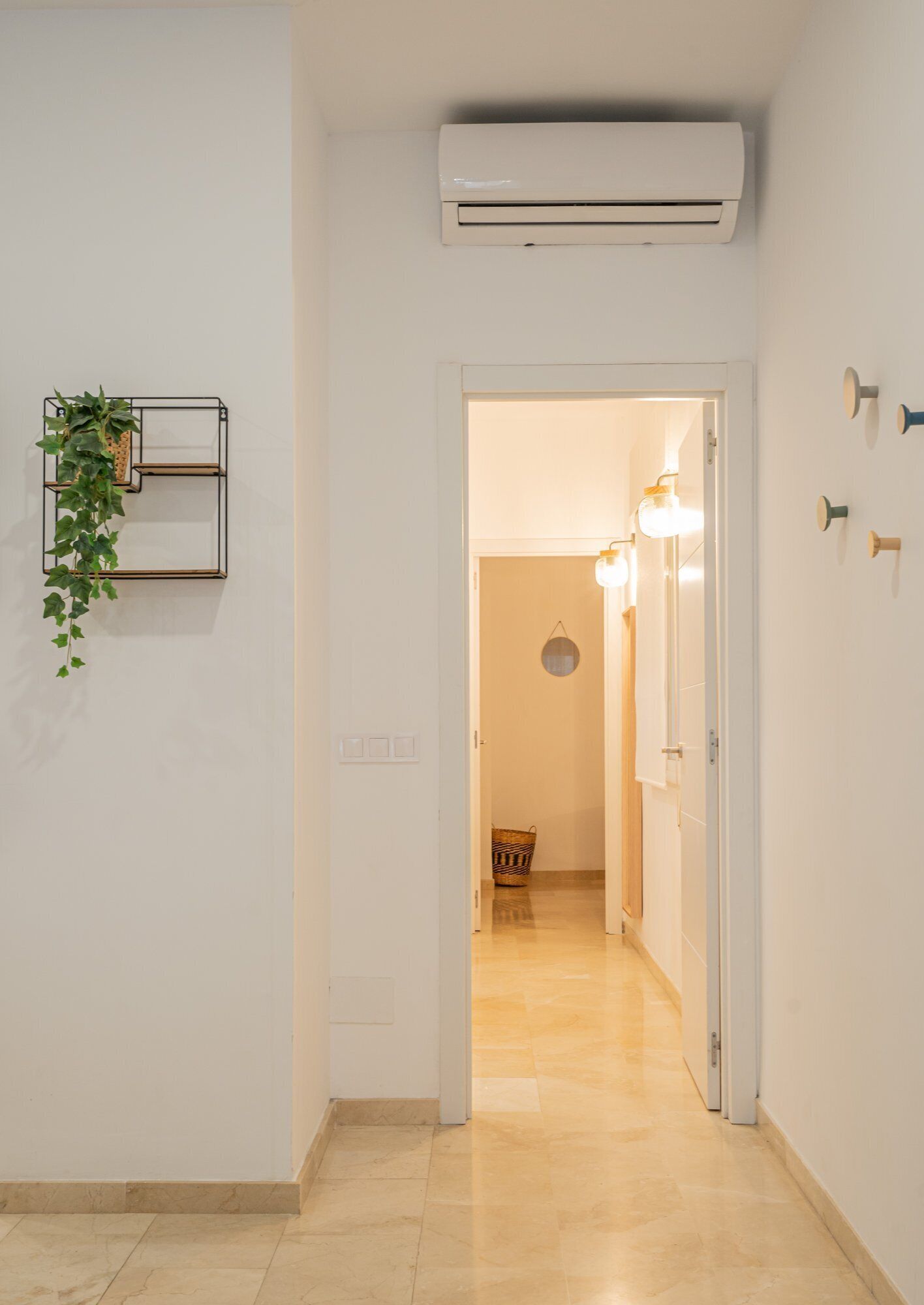 Un pasillo con pared blanca, un equipo de aire acondicionado, una planta y una puerta que da a otra habitación.