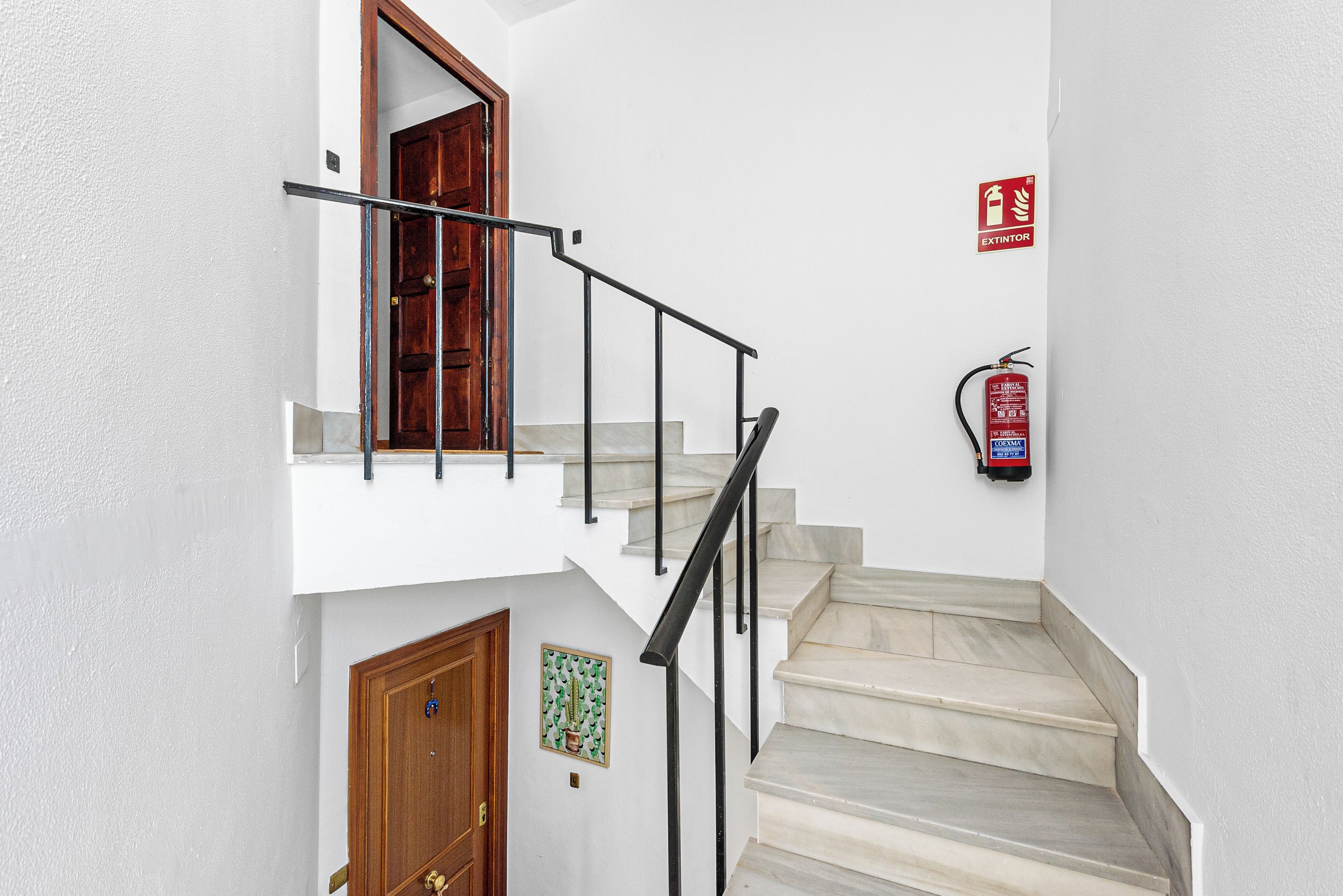 A staircase with a handrail, a wooden door, and a fire extinguisher on the wall.
