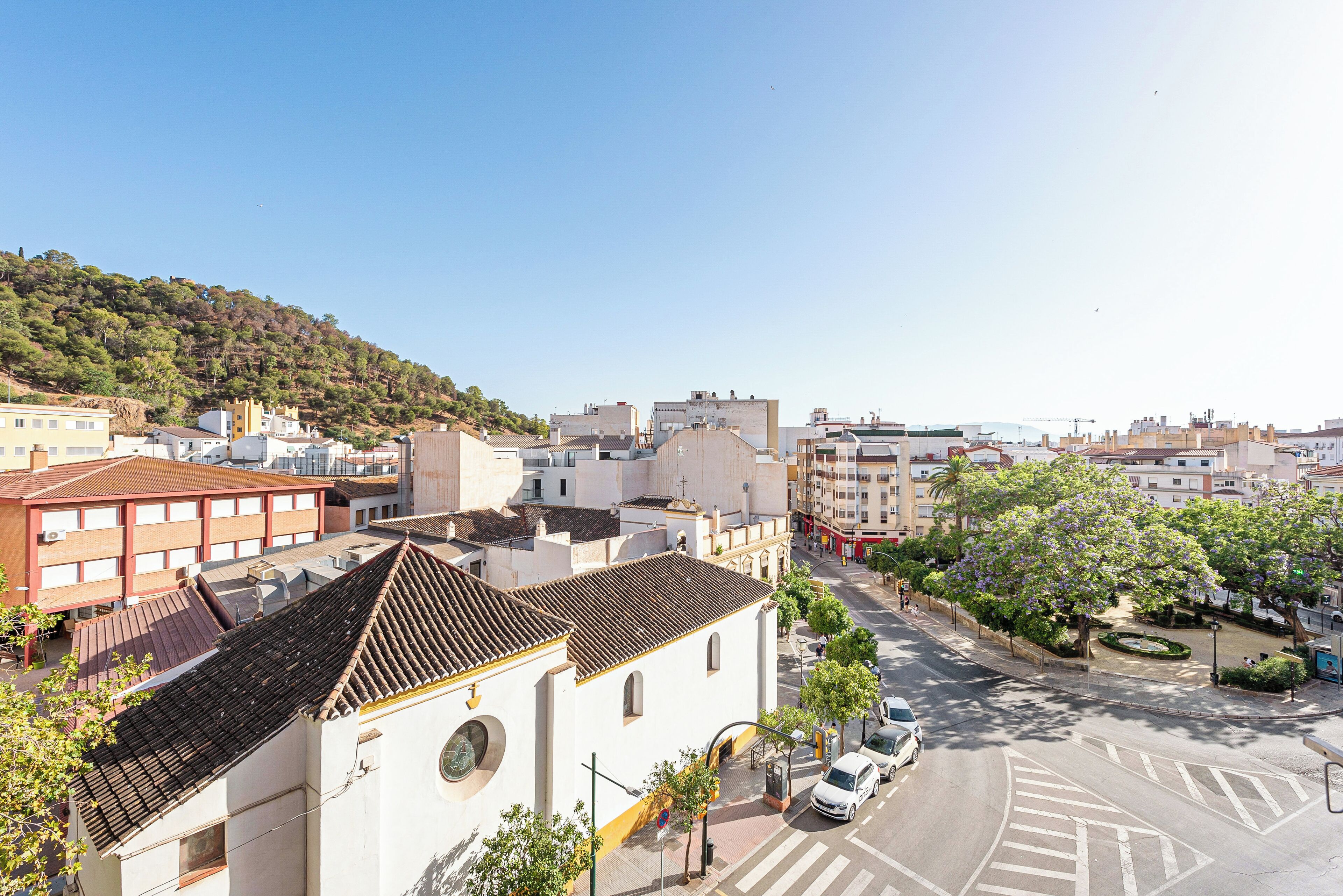 Una veduta di strada con edifici, una chiesa e una strada alberata.
