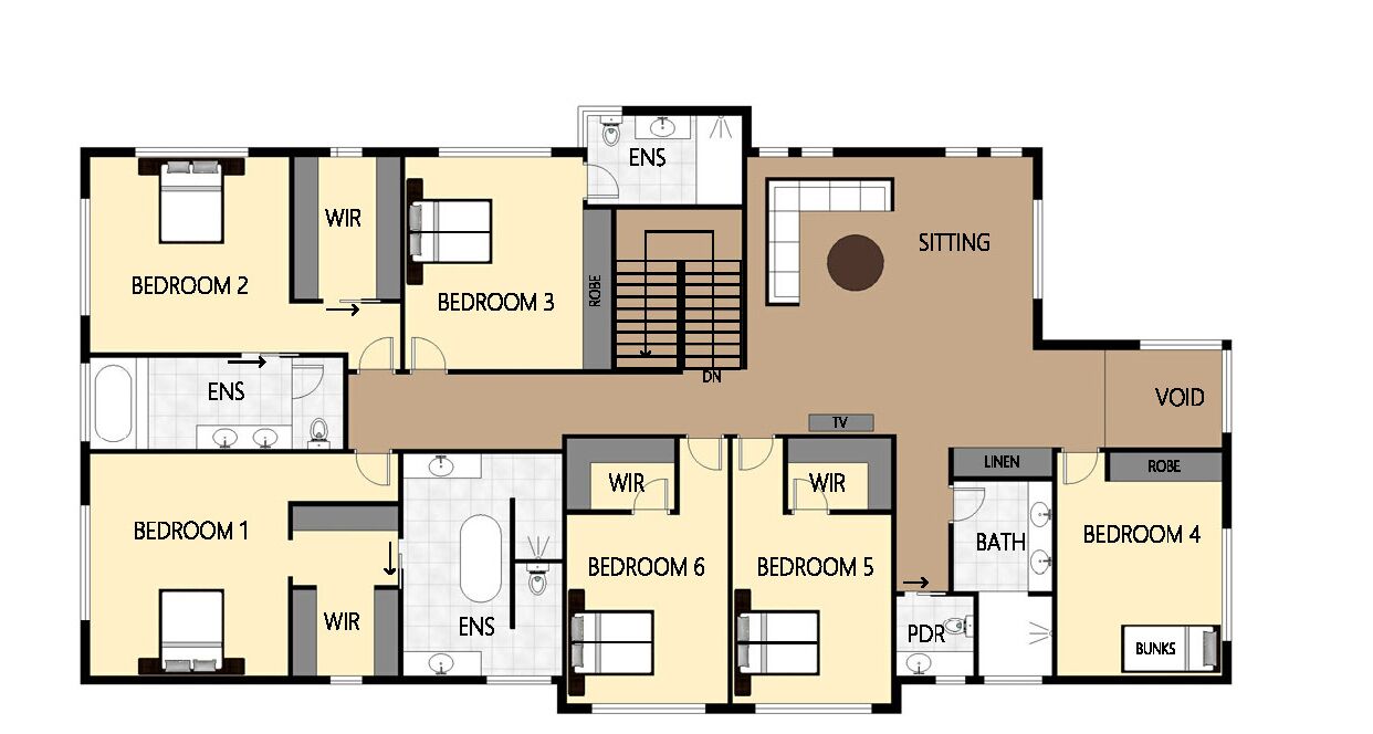 Un plan d’étage d’un hôtel comprenant 8 chambres, 2 salles de bain, un coin salon et un coin repas.