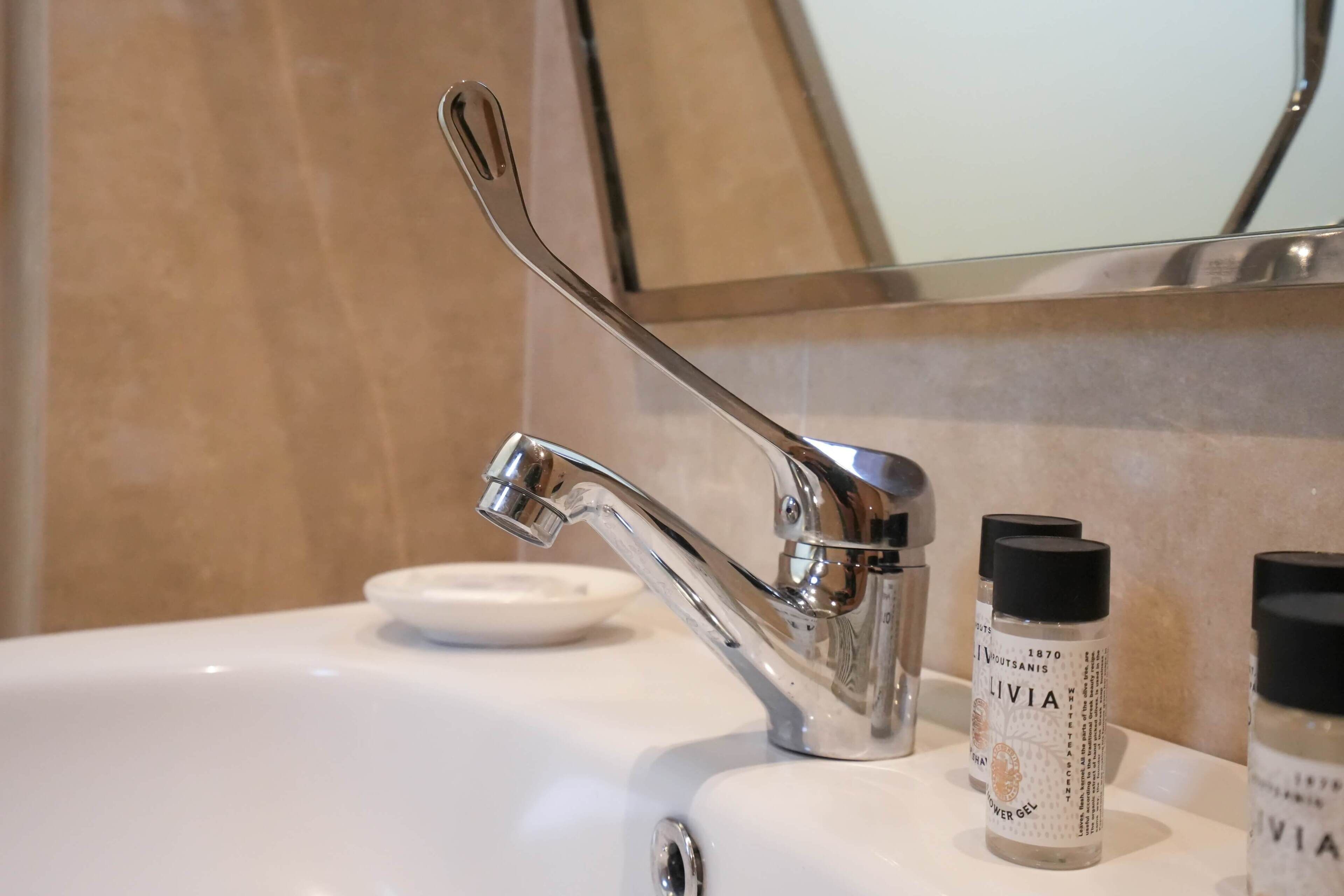 A bathroom sink with a chrome faucet, a small white dish, and two bottles of Livia white tea scent.