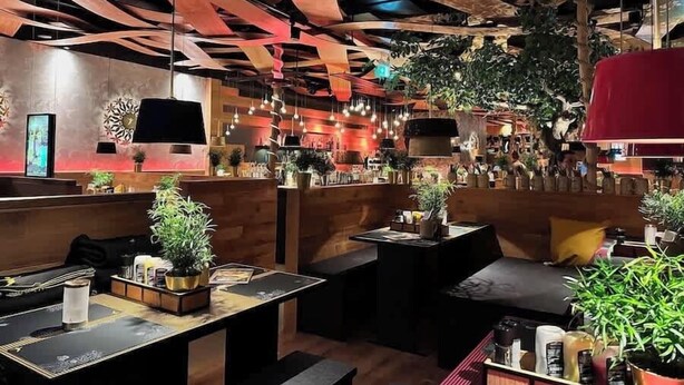 A restaurant interior with wooden ceiling beams, hanging light fixtures, and potted plants. - Strandhütte direkt am Leuchtturm und Strand in SPO (Sankt Peter-Ording)