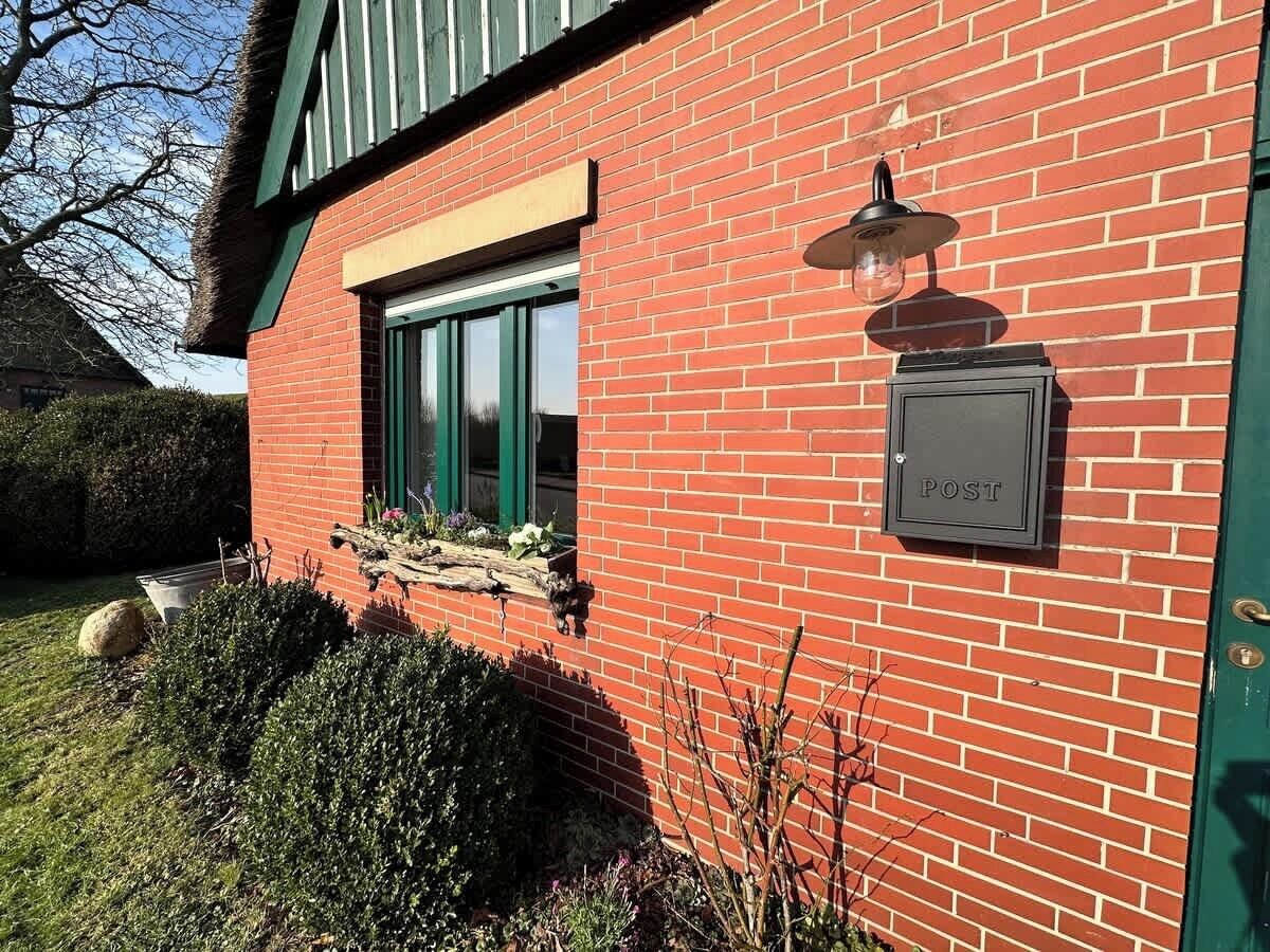 A red brick building with a green window, a mailbox, and a small garden area with plants and a rock.