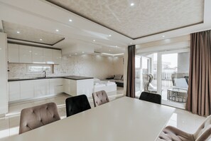 Penthouse, ban công, quang cảnh thành phố | Khu phòng khách | TV màn hình phẳng 