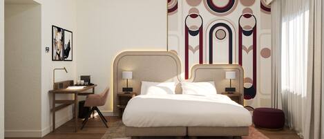 A modern hotel room with a large bed, bedside tables, a desk, and a chair.