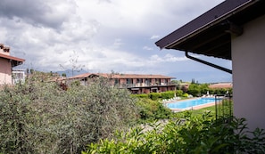 Zona de piscina con sillas de descanso, rodeada de vegetación y edificios con techos de tejas rojas.