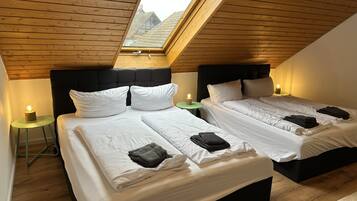 Una habitación con dos camas, techo de madera y tragaluz.