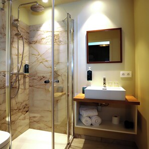 Hair dryer, towels, soap, shampoo