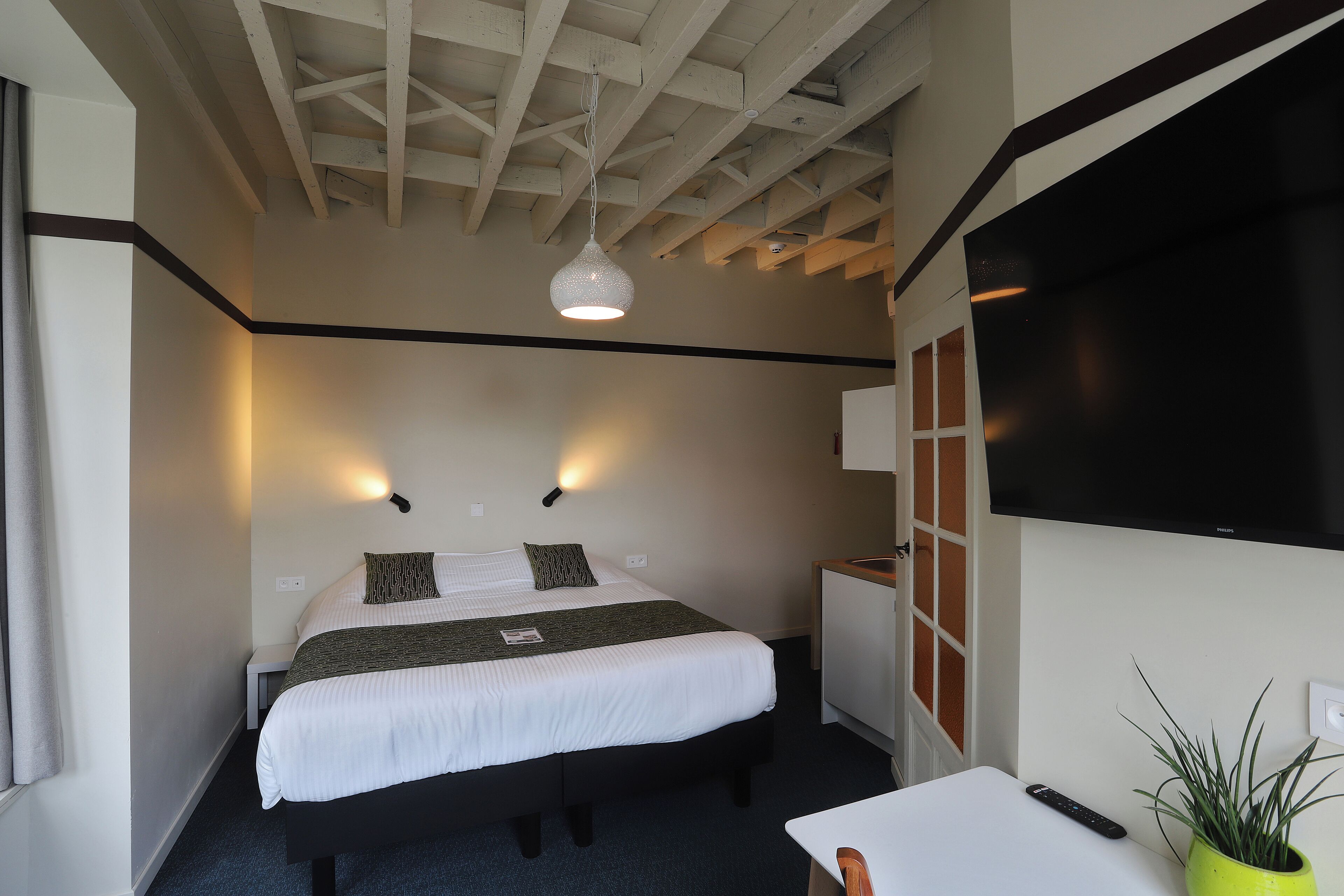 A hotel room with a bed, bedside table, TV, and a plant.