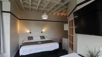 A hotel room with a bed, bedside table, TV, and a plant.